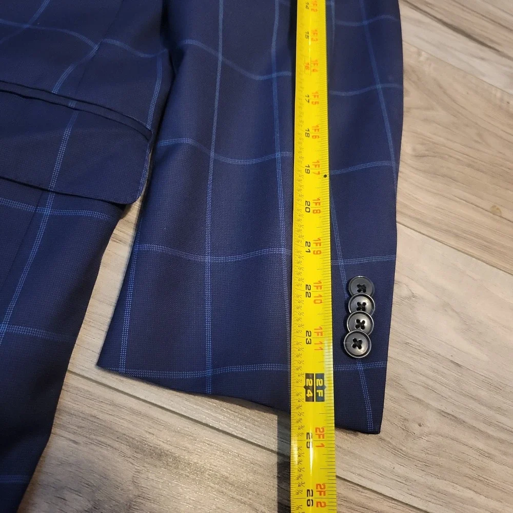 Peter Millar Blazer Jacket 46T Blue 100% Wool Windowpane Sport Coat Two-Button